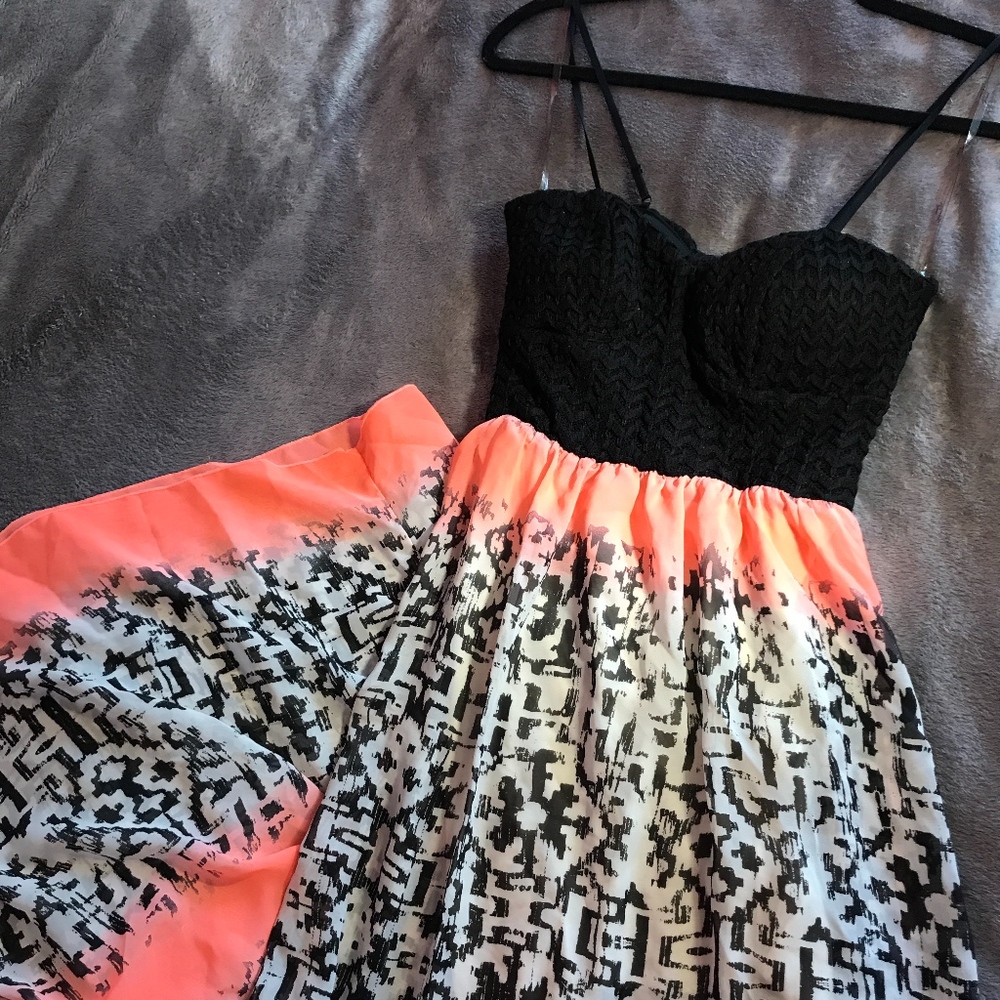 Black, Coral and White Patterned Maxi Dress